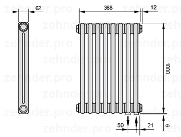 Схема (чертеж) Радиатор Zehnder Charleston 2100/8 №5510 Белый глянцевый RAL 9016